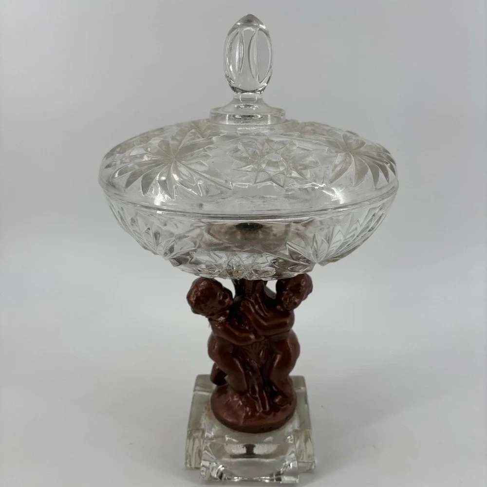 Candy Dish Medium Clear Bronze Cherub Putti Crystal Glass Mythological Regency